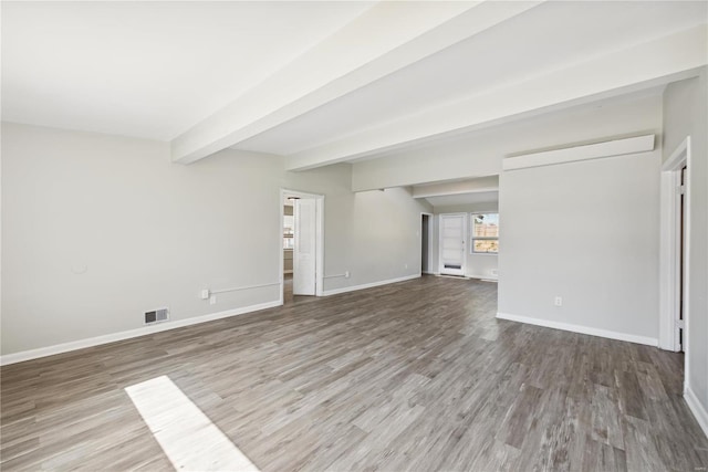 unfurnished living room featuring beamed ceiling and wood-type flooring