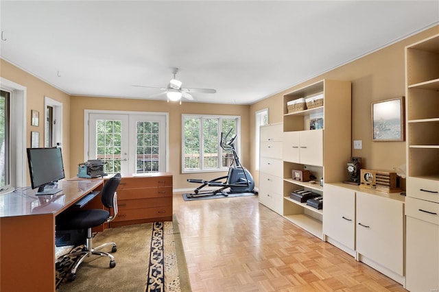 office area with french doors, ceiling fan, light parquet flooring, and a wealth of natural light