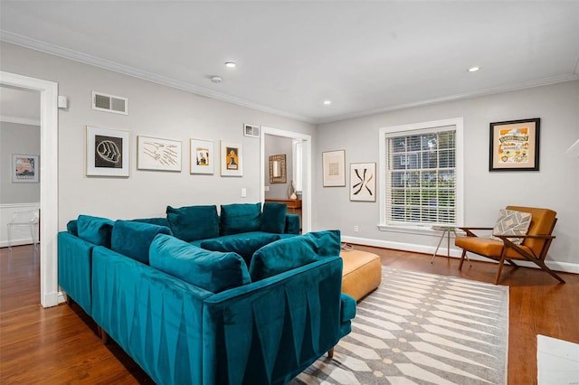 living room with ornamental molding and dark wood-type flooring