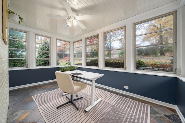 sunroom / solarium with ceiling fan, wood ceiling, and a wealth of natural light