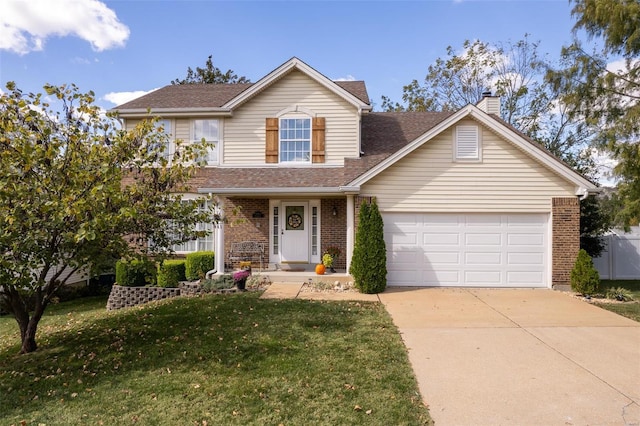 front facade featuring a garage and a front lawn