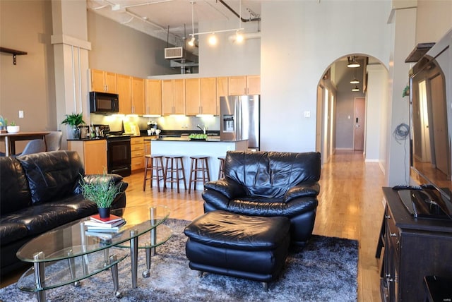 living room with a towering ceiling, light hardwood / wood-style floors, track lighting, and sink