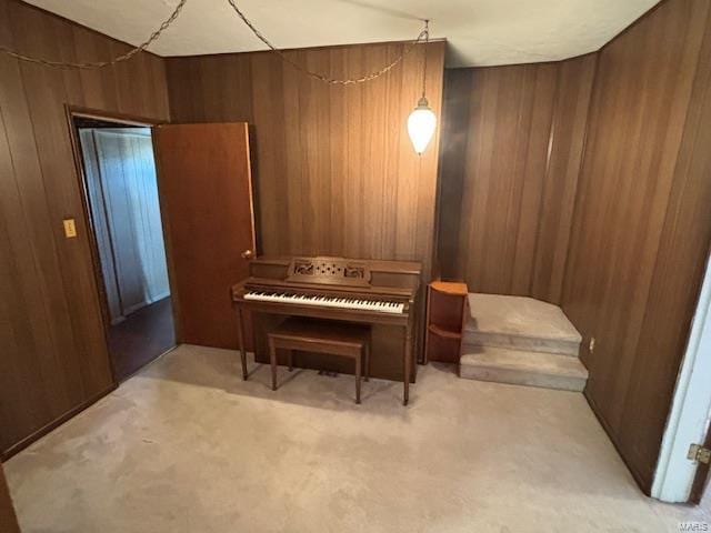 misc room featuring wood walls and light colored carpet