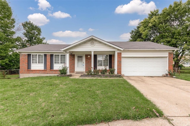 ranch-style home with a front yard and a garage