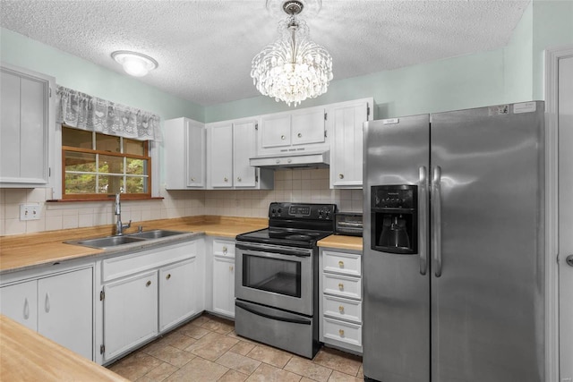 kitchen featuring backsplash, sink, white cabinets, pendant lighting, and appliances with stainless steel finishes