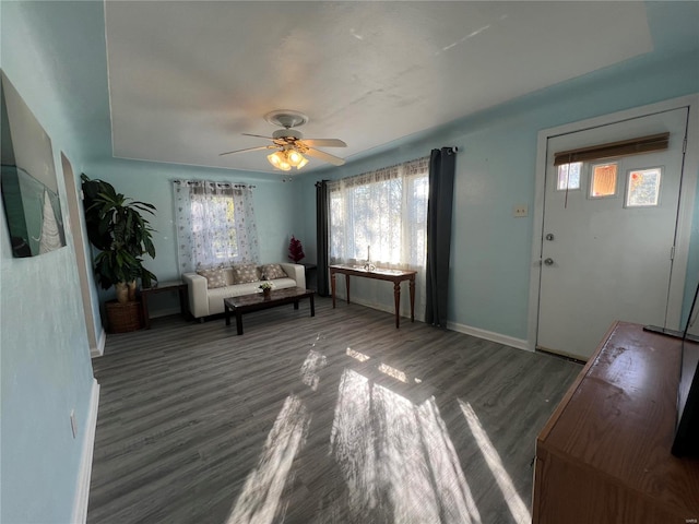 living room featuring ceiling fan and hardwood / wood-style flooring