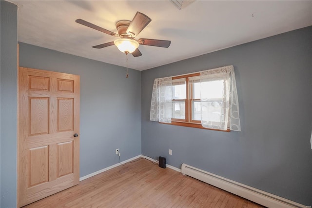 spare room with ceiling fan, light hardwood / wood-style floors, and a baseboard heating unit