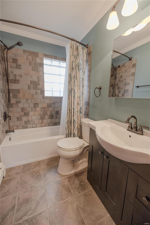 full bathroom with shower / bath combo, vanity, toilet, and crown molding