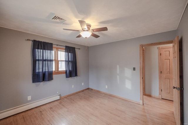 empty room featuring a baseboard radiator, light hardwood / wood-style flooring, and ceiling fan