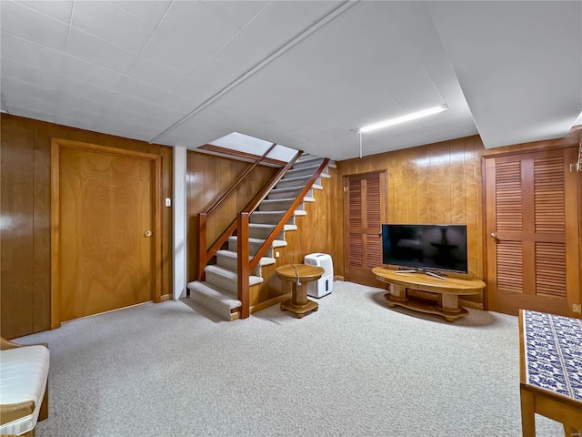 basement with wood walls and carpet floors