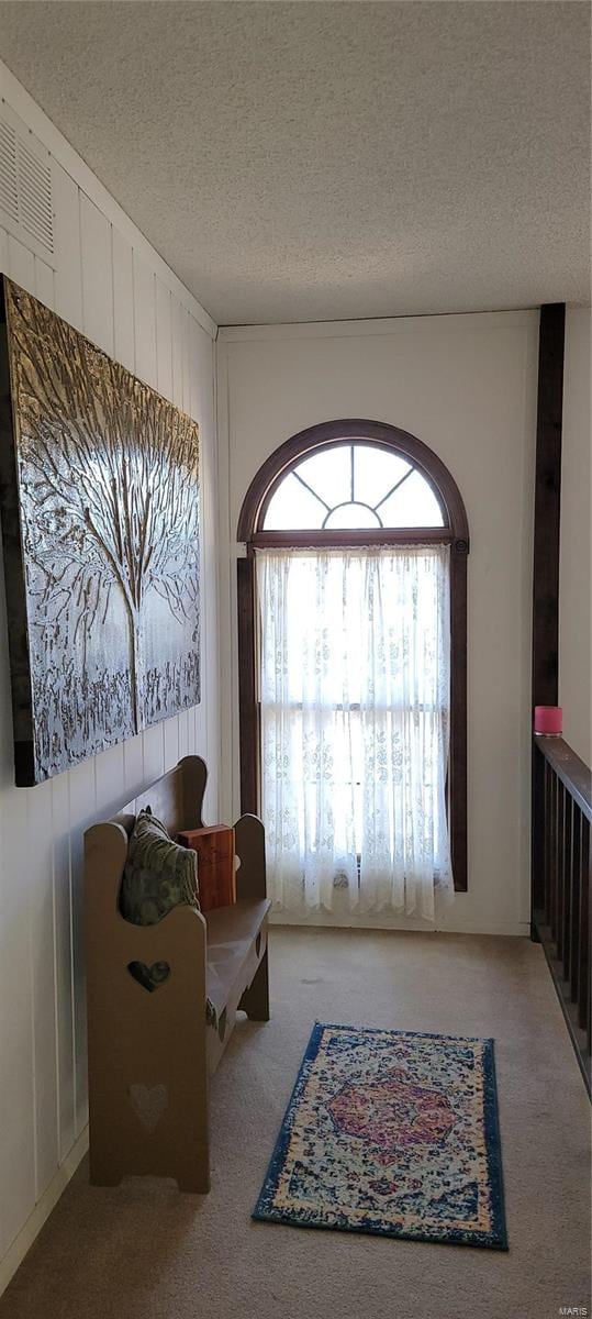 sitting room with a textured ceiling and carpet flooring