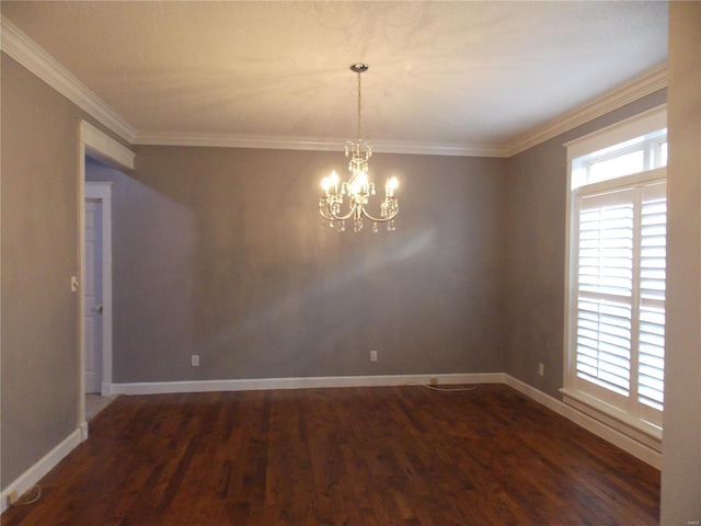 unfurnished room featuring a chandelier, dark hardwood / wood-style floors, and crown molding