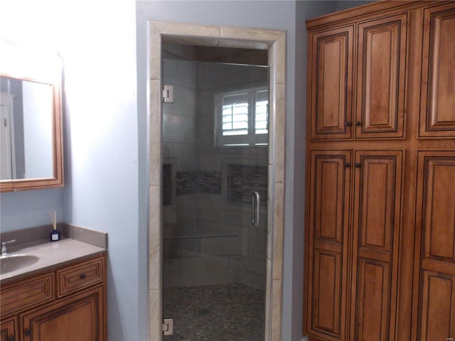 bathroom featuring vanity and a shower with shower door