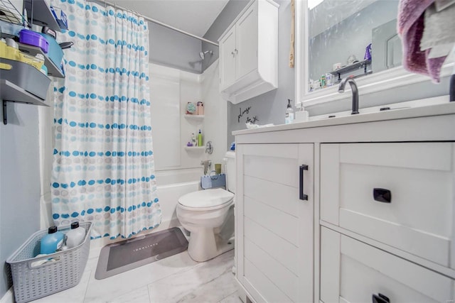 full bathroom featuring vanity, toilet, and shower / bathtub combination with curtain