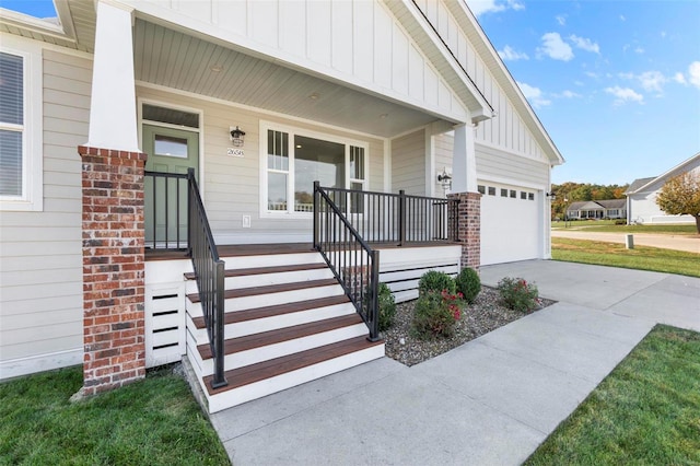 property entrance with covered porch and a garage