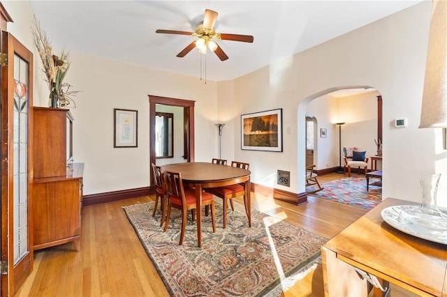 dining room with ceiling fan and light wood-type flooring