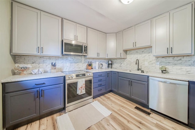 kitchen with light hardwood / wood-style flooring, appliances with stainless steel finishes, sink, and decorative backsplash