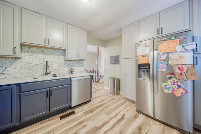 kitchen with decorative backsplash, light hardwood / wood-style flooring, stainless steel appliances, sink, and white cabinets