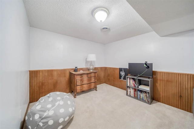 living area with wooden walls, carpet floors, and a textured ceiling