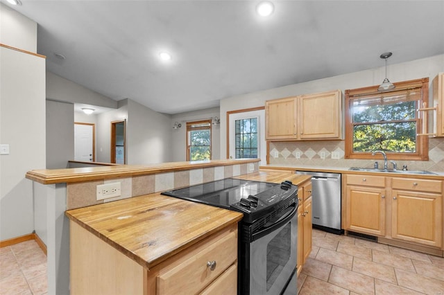 kitchen featuring tasteful backsplash, sink, black electric range oven, decorative light fixtures, and stainless steel dishwasher