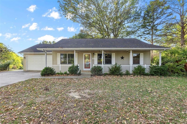 ranch-style house with a porch and a garage