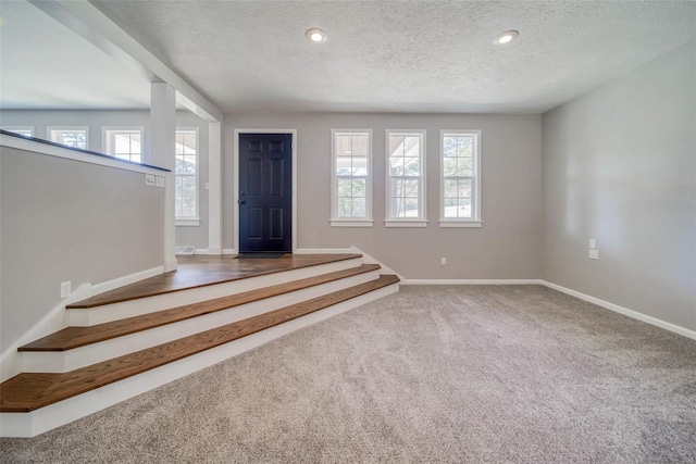 carpeted foyer entrance with plenty of natural light and a textured ceiling