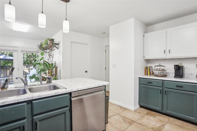 kitchen with white cabinetry, pendant lighting, sink, and stainless steel dishwasher