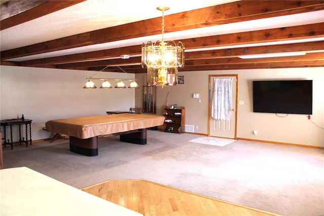 game room with beam ceiling, hardwood / wood-style flooring, and billiards