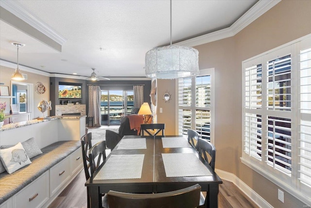 dining space with ceiling fan, a stone fireplace, dark hardwood / wood-style floors, a textured ceiling, and ornamental molding