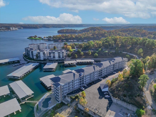 drone / aerial view with a water view