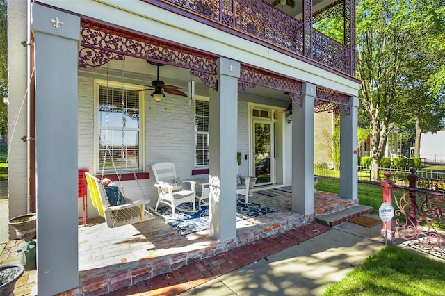 view of patio featuring ceiling fan