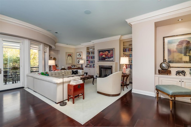 living room with dark wood-type flooring, built in features, and ornamental molding