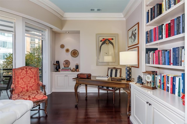 office area with ornamental molding and dark wood-type flooring