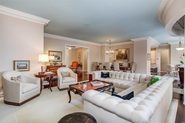 living room with ornamental molding