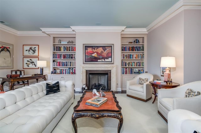 carpeted living room featuring ornamental molding and built in features