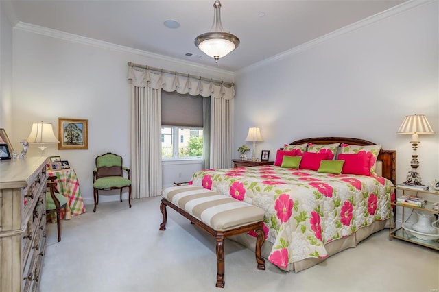 carpeted bedroom with crown molding