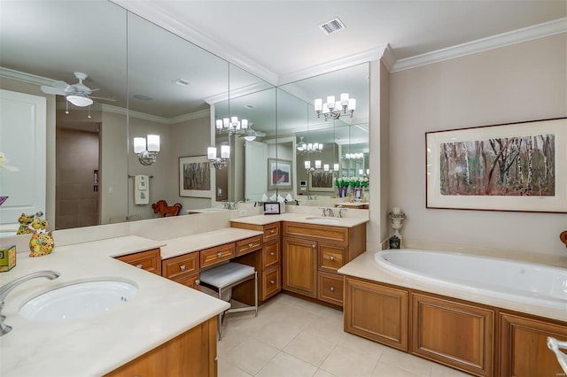 bathroom featuring plus walk in shower, tile patterned flooring, crown molding, vanity, and ceiling fan with notable chandelier