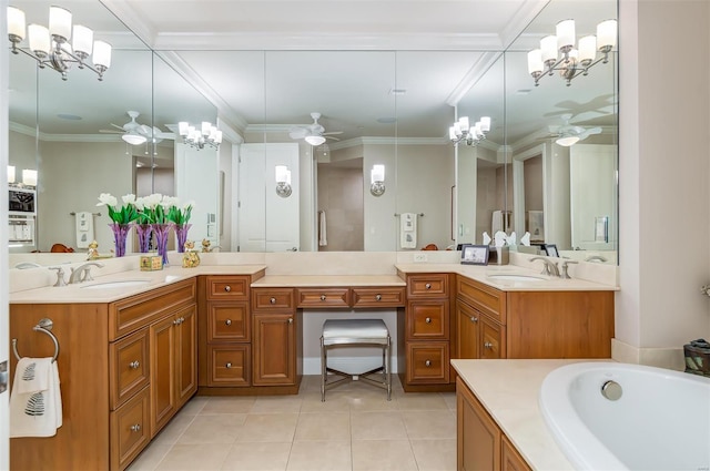 bathroom featuring vanity, tile patterned floors, shower with separate bathtub, and ceiling fan with notable chandelier