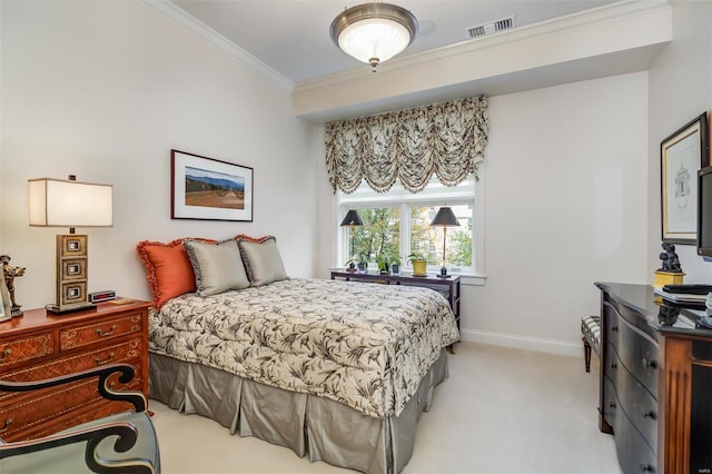 carpeted bedroom featuring ornamental molding