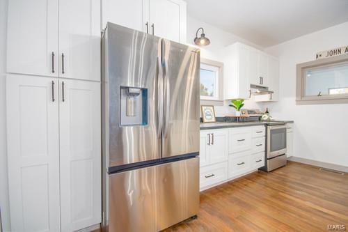 kitchen with white cabinetry, stainless steel appliances, and light wood-type flooring