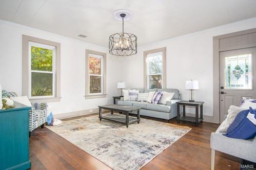 living room featuring a healthy amount of sunlight, ornamental molding, an inviting chandelier, and dark hardwood / wood-style floors