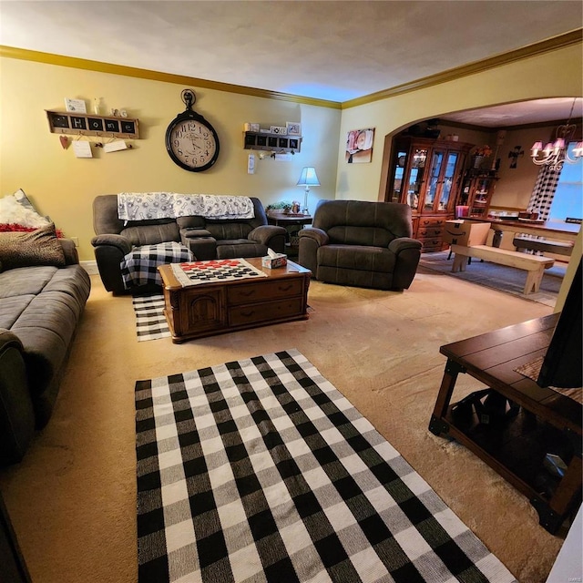 living room with light colored carpet and ornamental molding