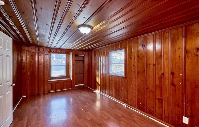 unfurnished room featuring wood walls, hardwood / wood-style flooring, and wooden ceiling