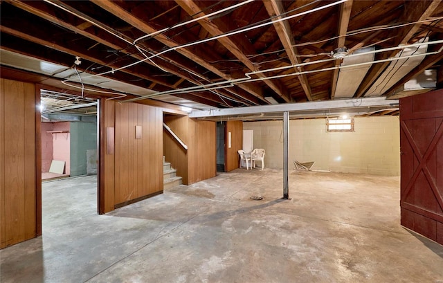 basement with wood walls