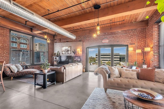 living room with brick wall, concrete flooring, and wooden ceiling