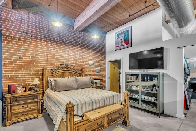 bedroom featuring beamed ceiling, wood ceiling, a towering ceiling, and brick wall