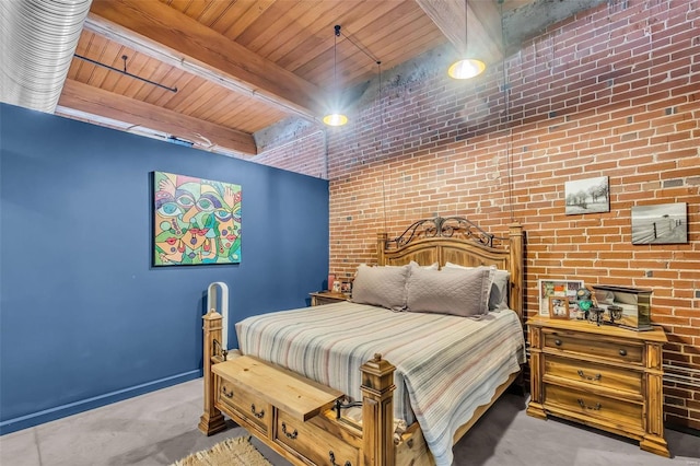 bedroom with beamed ceiling, brick wall, and wooden ceiling