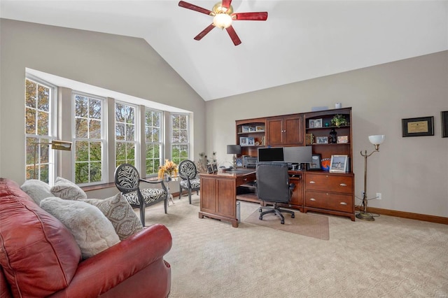 office with ceiling fan, light colored carpet, and high vaulted ceiling