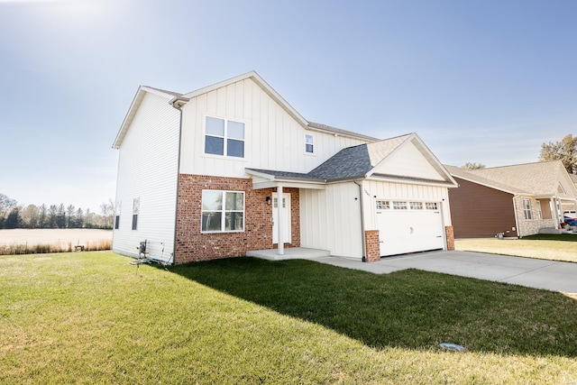 modern farmhouse style home featuring brick siding, concrete driveway, an attached garage, board and batten siding, and a front yard