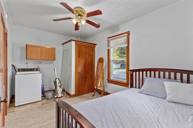 tiled bedroom featuring washer / dryer, ceiling fan, and crown molding